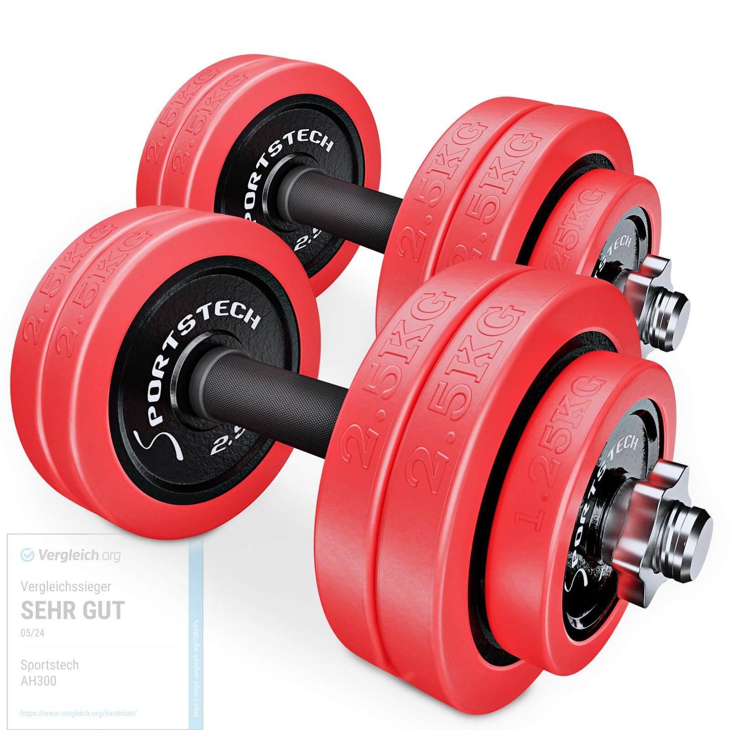 Sportstech 2in1 Hantelset mit SilikonĂŒberzug, Deutsche QualitĂ€tsmarke, Kurzhanteln & Langhantel in einem, Hanteln mit 20kg/30kg aus Gusseisen, effektives Fitness Krafttraining, AH300, Vergleichssieger