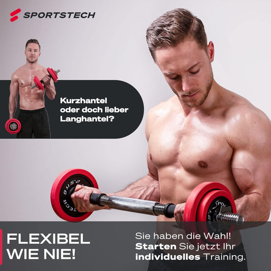 Sportstech 2in1 Hantelset mit Silikonüberzug, Deutsche Qualitätsmarke, Kurzhanteln & Langhantel in einem, Hanteln mit 20kg/30kg aus Gusseisen, effektives Fitness Krafttraining, AH300, Vergleichssieger