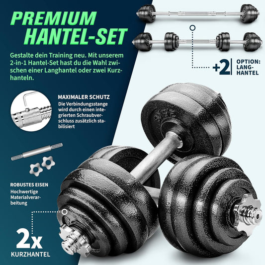2 in 1 Hanteln Set 15-60kg | Hantelset Gusseisen verstellbar | Kurzhantel & Langhantel | Sternverschlüsse & Verbindungsrohr