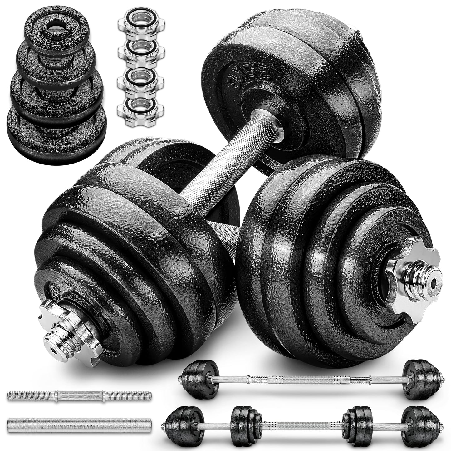 2 in 1 Hanteln Set 15-60kg | Hantelset Gusseisen verstellbar | Kurzhantel & Langhantel | Sternverschlüsse & Verbindungsrohr