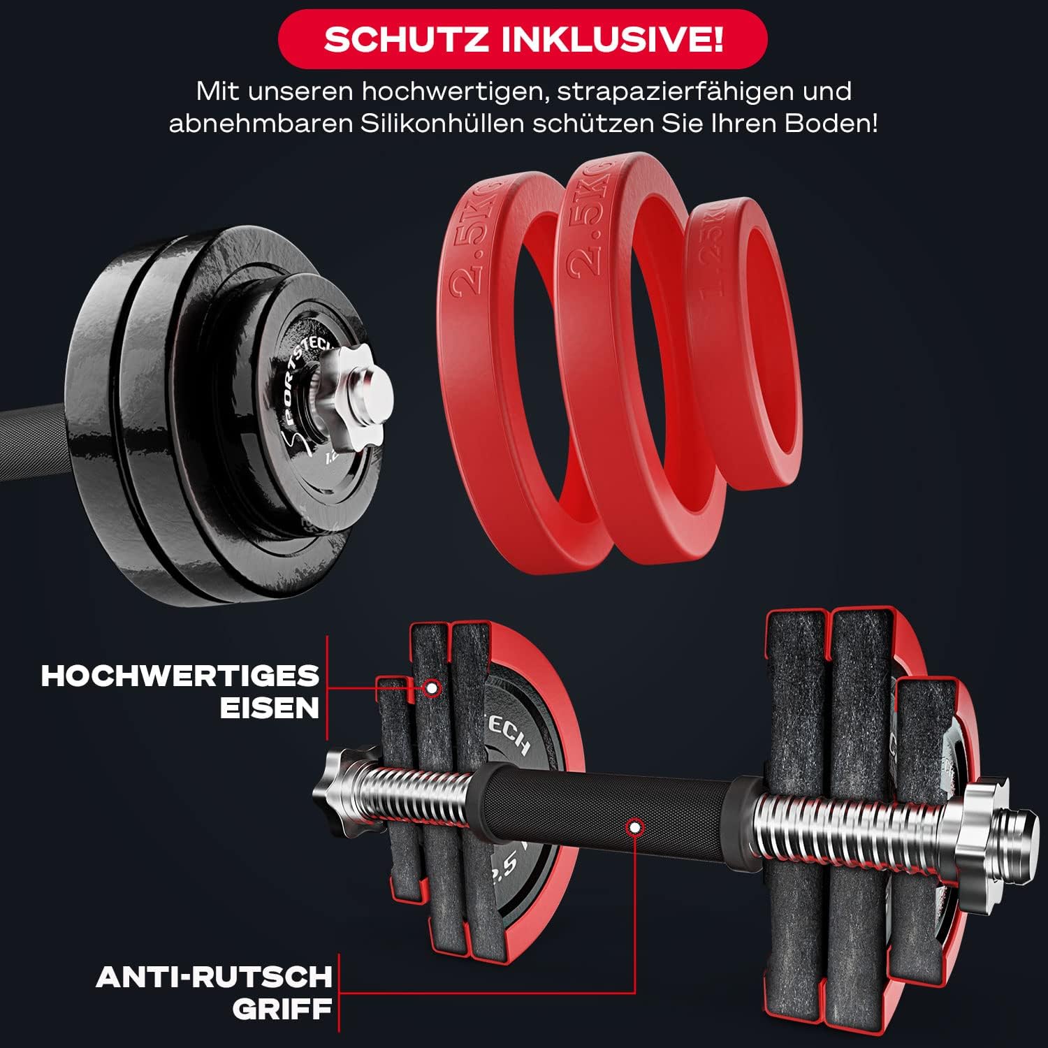 Sportstech 2in1 Hantelset mit Silikonüberzug, Deutsche Qualitätsmarke, Kurzhanteln & Langhantel in einem, Hanteln mit 20kg/30kg aus Gusseisen, effektives Fitness Krafttraining, AH300, Vergleichssieger