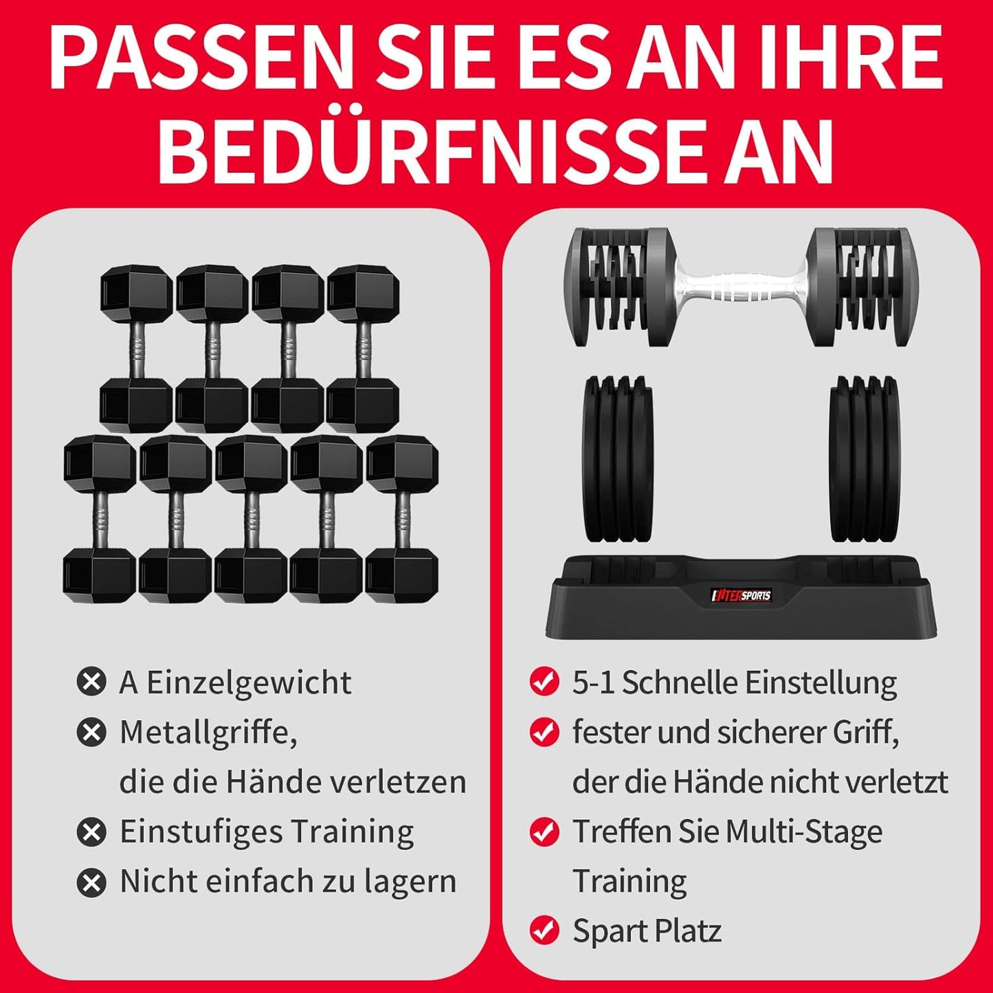 EnterSports 12kg/18kg/27kg Verstellbare Hanteln Einstellbare Platzsparende Hantel, Hanteln Verstellbar mit rutschfestem Griff, Gut für Zuhause, Büro, Fitnessstudio, Körpertraining