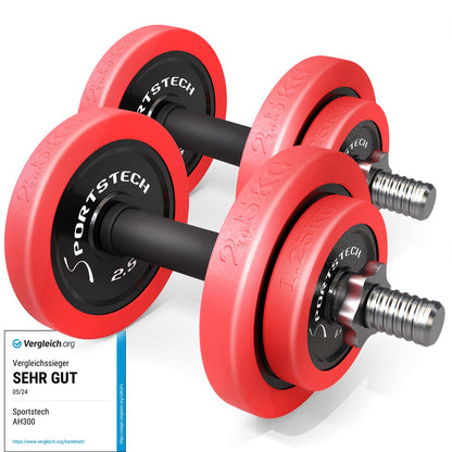 Sportstech 2in1 Hantelset mit Silikonüberzug, Deutsche Qualitätsmarke, Kurzhanteln & Langhantel in einem, Hanteln mit 20kg/30kg aus Gusseisen, effektives Fitness Krafttraining, AH300, Vergleichssieger
