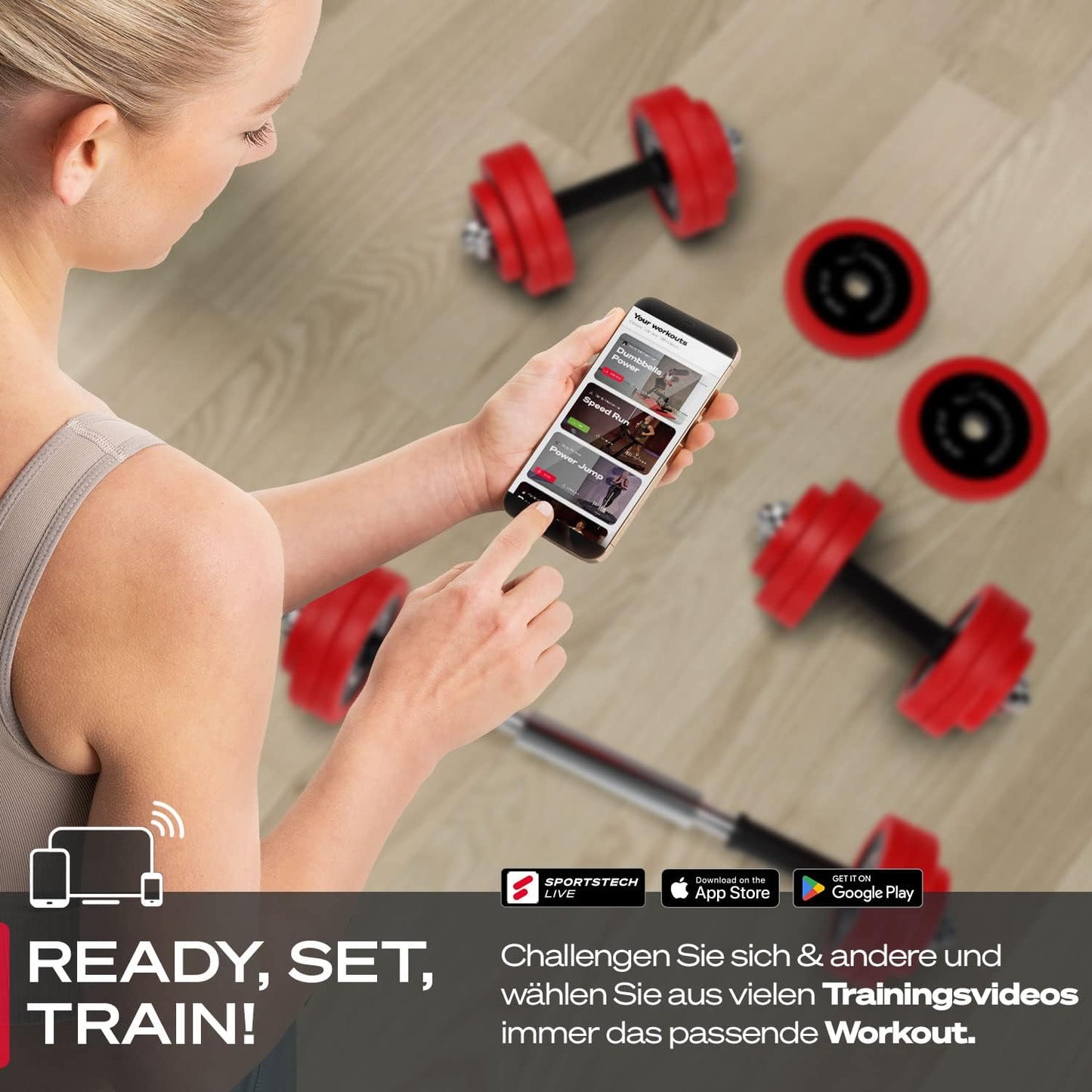 Sportstech 2in1 Hantelset mit Silikonüberzug, Deutsche Qualitätsmarke, Kurzhanteln & Langhantel in einem, Hanteln mit 20kg/30kg aus Gusseisen, effektives Fitness Krafttraining, AH300, Vergleichssieger