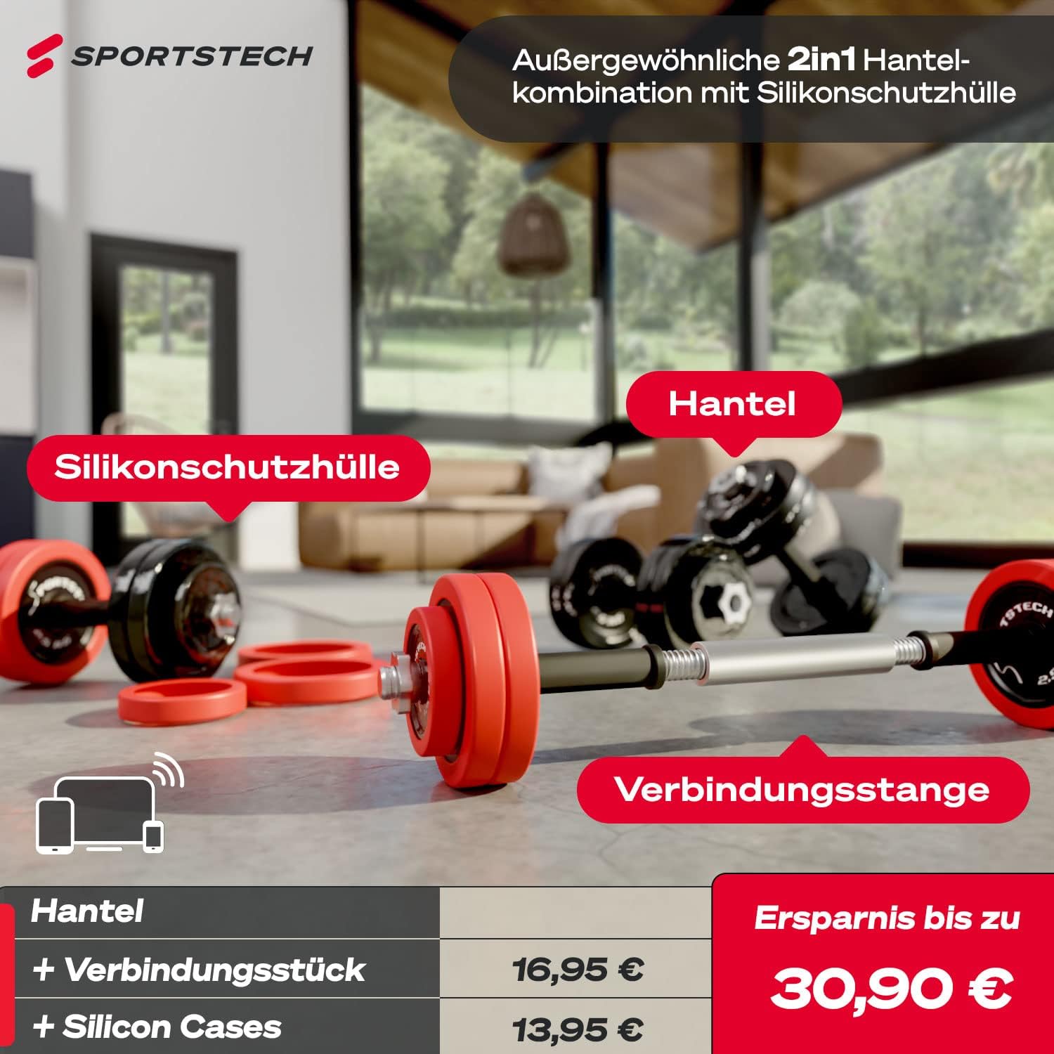 Sportstech 2in1 Hantelset mit Silikonüberzug, Deutsche Qualitätsmarke, Kurzhanteln & Langhantel in einem, Hanteln mit 20kg/30kg aus Gusseisen, effektives Fitness Krafttraining, AH300, Vergleichssieger