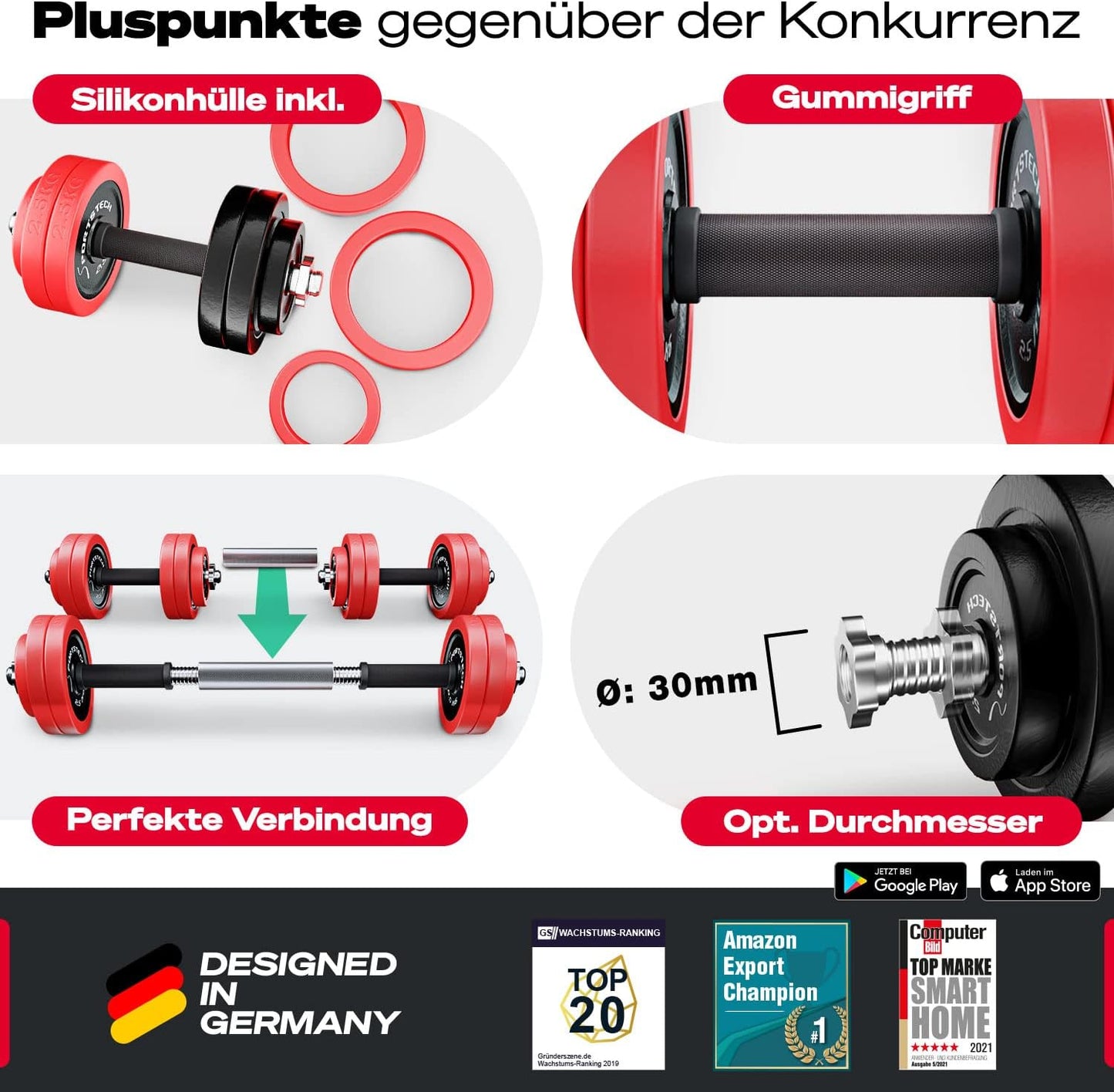Sportstech 2in1 Hantelset mit Silikonüberzug, Deutsche Qualitätsmarke, Kurzhanteln & Langhantel in einem, Hanteln mit 20kg/30kg aus Gusseisen, effektives Fitness Krafttraining, AH300, Vergleichssieger