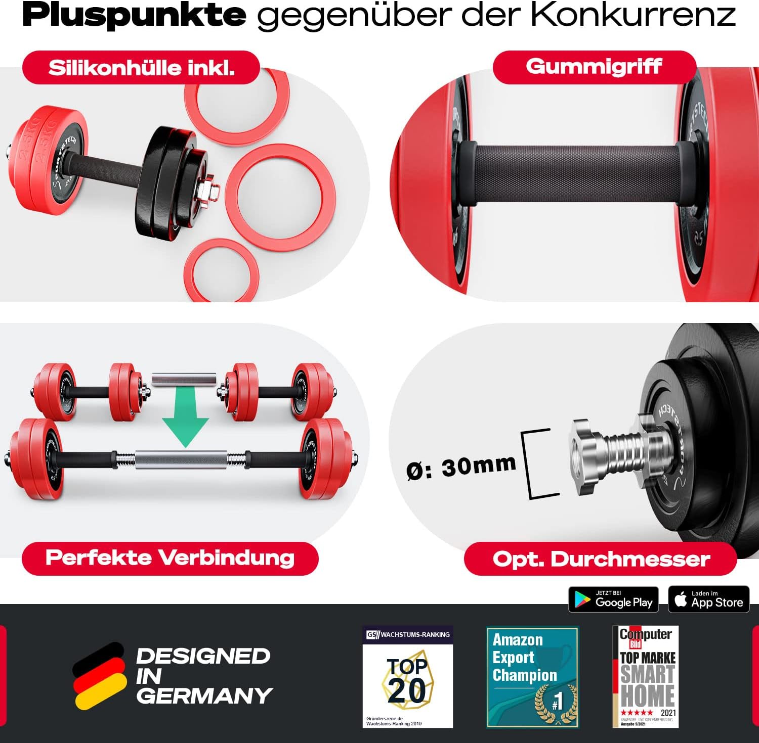 Sportstech 2in1 Hantelset mit Silikonüberzug, Deutsche Qualitätsmarke, Kurzhanteln & Langhantel in einem, Hanteln mit 20kg/30kg aus Gusseisen, effektives Fitness Krafttraining, AH300, Vergleichssieger