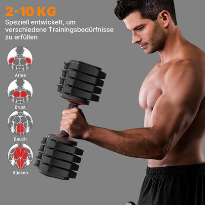 EnterSports Verstellbares Kurzhantel Set (10kg/22lb), 5-in-1 Hanteln Set Platzsparend mit rutschfestem Griff, Hanteltraining Gewichte für Homegym & Krafttraining, Profi Equipment für Herren & Damen