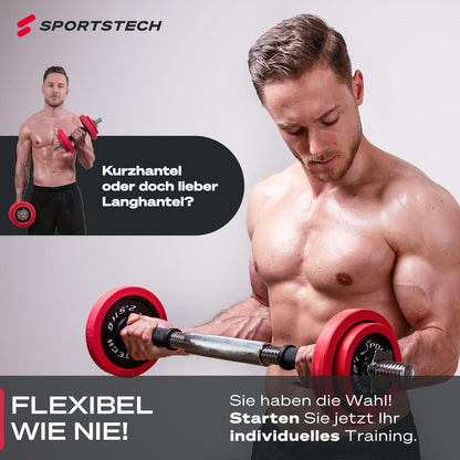 Sportstech 2in1 Hantelset mit Silikonüberzug, Deutsche Qualitätsmarke, Kurzhanteln & Langhantel in einem, Hanteln mit 20kg/30kg aus Gusseisen, effektives Fitness Krafttraining, AH300, Vergleichssieger