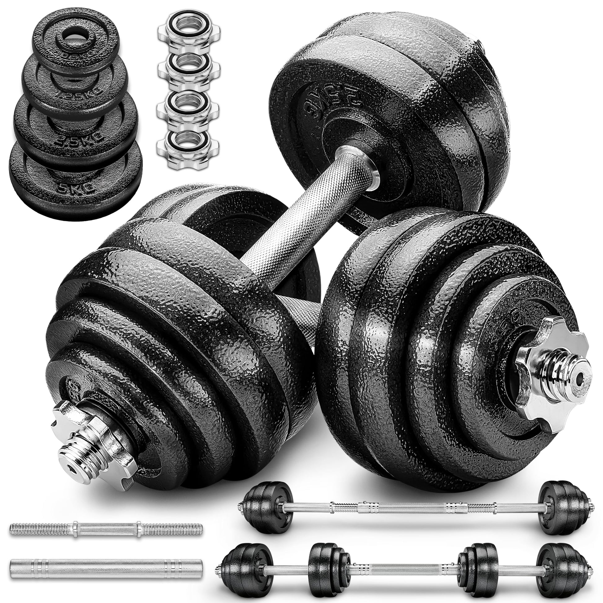 2 in 1 Hanteln Set 15-60kg | Hantelset Gusseisen verstellbar | Kurzhantel & Langhantel | Sternverschlüsse & Verbindungsrohr