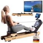 Skandika Rudergerät Rovek | Rudermaschine Holz, Rudergerät für Zuhause klappbar, Magnetwiderstand mit 32 Stufen, Kinomap App kompatibel, aufstellbar, bis 195 cm (Hellbraun)